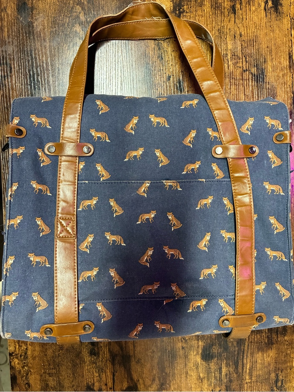 RARE Nila Anthony Vintage Button Clip Shopper Tote w/ Fox Print Brass Hardware